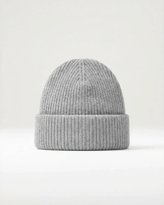 Gray knit beanie on a white background