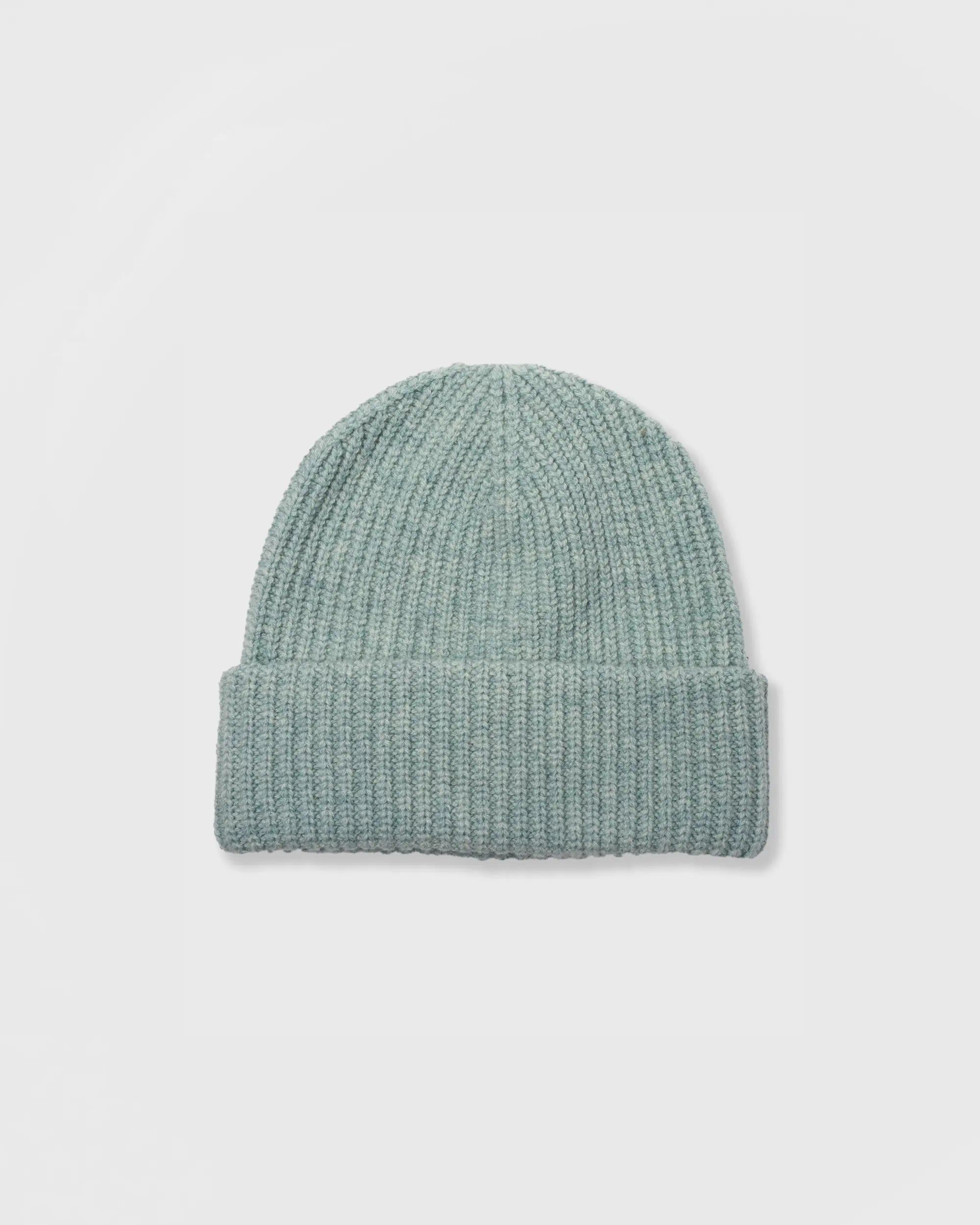 Green knit beanie on a light gray background